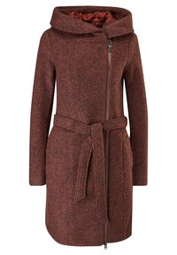 Manteau long en laine marron pour femmes avec capuche, fermeture éclair asymétrique à l'avant et ceinture assortie en tissu nouée à la taille.