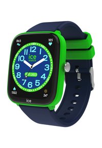 Smartwatch con cinturino verde e quadrante blu, lancette bianche e accenti verdi. Le funzionalità includono l'ora, la data e icone per il battito cardiaco e il meteo.