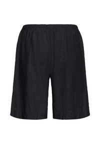 Shorts noirs amples avec ceinture élastique, longueur mi-cuisse, en tissu léger.