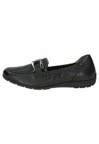 Mustad musta nahast loafers, millel on tekstureeritud viimistlus ja hõbedane pandla aksessuaar. Kujundus on madal ja sellel on paindlik kummist tald.
