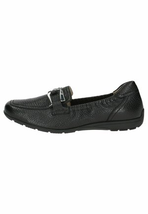 Black leather loafers with a textured finish, featuring a silver buckle accent. The design is low-cut with a flexible rubber sole.