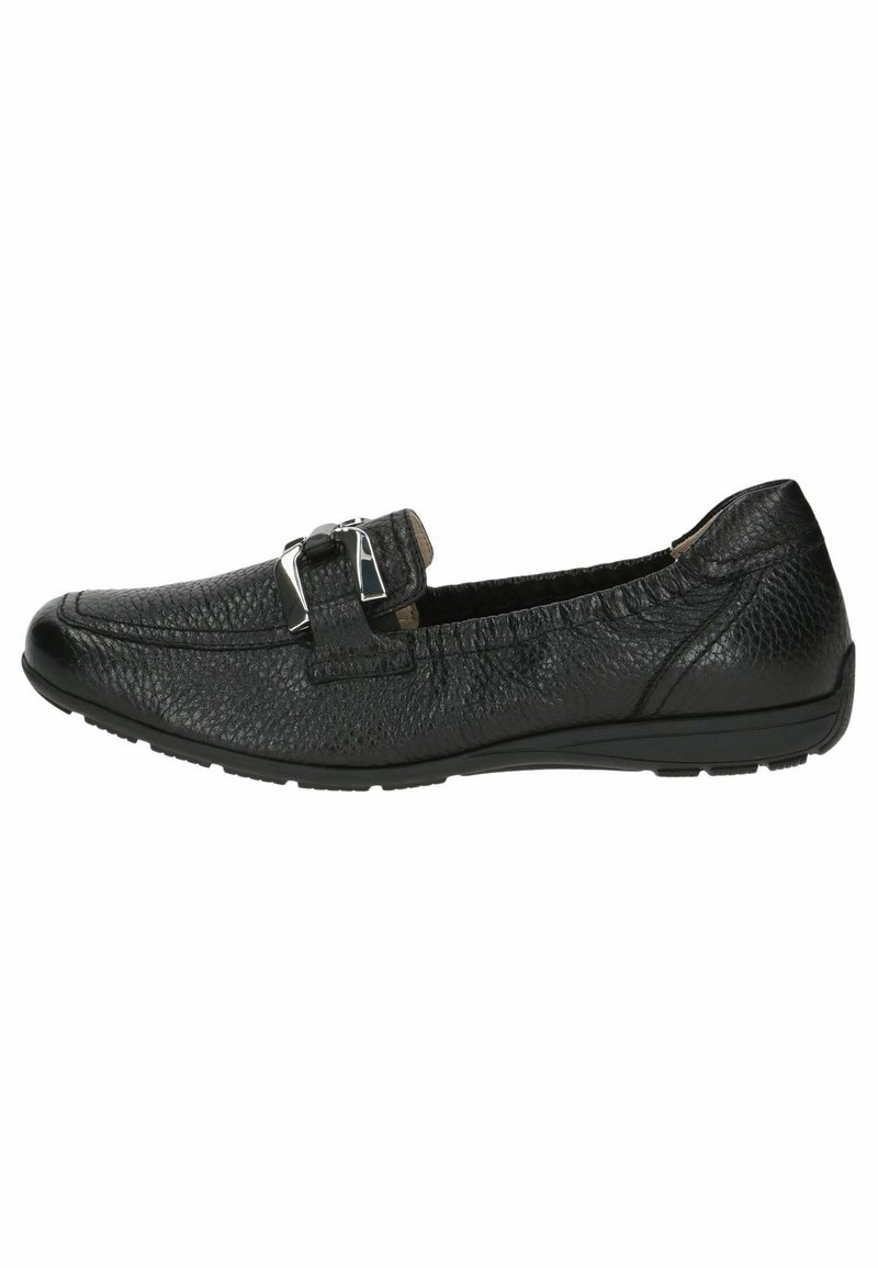 Mustad musta nahast loafers, millel on tekstureeritud viimistlus ja hõbedane pandla aksessuaar. Kujundus on madal ja sellel on paindlik kummist tald.