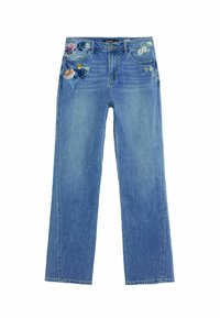 Hellblaue Denim-Jeans mit geradem Bein. Mit buntem Blumenstickerei auf den vorderen Taschen und im klassischen Fünf-Taschen-Stil.