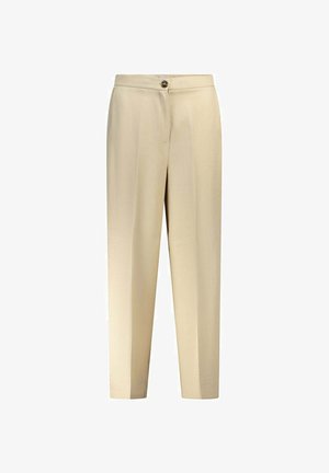 Pantaloni beige su misura con chiusura a bottone in vita e gambe dritte, mostrati su uno sfondo bianco.