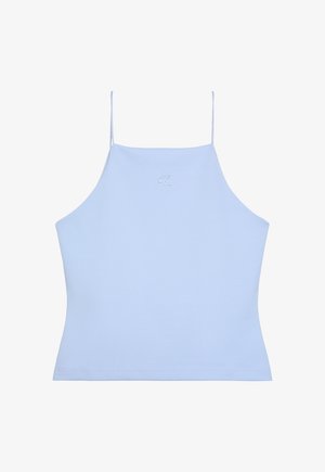 Top corto azzurro chiaro con spalline sottili e piccolo logo "cK" in rilievo al centro davanti.