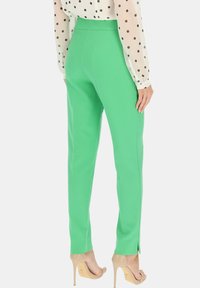 Zielone dopasowane spodnie o gładkim kroju, z wysokim stanem i bocznymi rozporkami na dole. Noszone z przezroczystą, w kropki bluzką z długim rękawem.