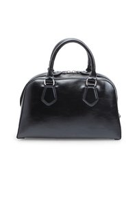 Borsa a mano in pelle nera con una superficie liscia, forma rotonda, manici superiori doppi e dettagli in metallo argentato. Presenta una chiusura con zip.