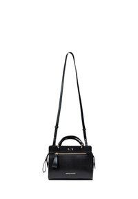 Borsa nera realizzata in ecopelle, con una forma strutturata, manico superiore, tracolla regolabile, dettagli in oro e zip decorative.
