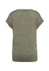 Lässiger, kurzärmeliger Pullover in Olivgrün. Stricktextur mit geripptem Saum und Ärmelbündchen. Einfaches, nahtloses Rückendesign.