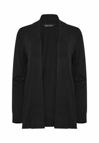 Czarny kardigan z kołnierzem szalowym, z otwartym przodem i długimi rękawami. Wykonany z miękkiego materiału z prążkowanymi mankietami i prostym krojem.