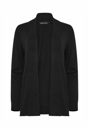 Cardigan noir avec un col châle, ouverture devant et manches longues. Fabriqué en tissu doux avec des poignets côtelés et une coupe droite.