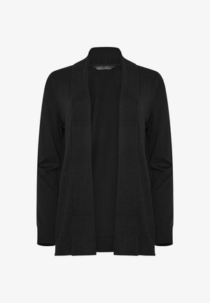 Black cardigan with a shawl collar, open front, and long sleeves. Made of soft fabric with ribbed cuffs and a straight cut design.