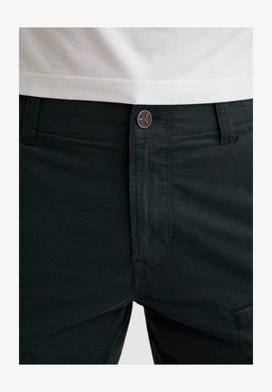 Detailný záber na tmavozelené nohavice s kovovým gombíkom a zipsom na prednom diely, nosené s bielou košeľou zastrčenou dovnútra.