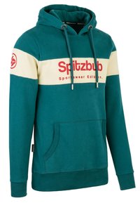 Teal hoodie with cream and navy horizontal stripes, featuring a front pocket, drawstring hood, and red "Spitzbub" logo. Soft fabric.