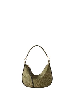 Sac à main vert olive à motif, forme arrondie, ferrures dorées et une bandoulière unique, présenté sur un fond blanc.