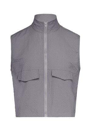 Sleeveless gray zip-up vest with high collar and textured fabric featuring two front flap pockets.