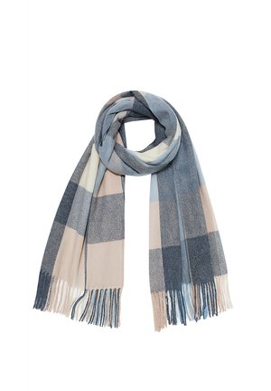 Zachte wollen sjaal met groot ruitpatroon in tinten blauw, beige en crème, met franjes aan de uiteinden.