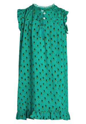 Zielona sukienka z falbanianym dekoltem, krótkimi rękawami i rozszerzanym dołem. Ozdobiona wzorem ananasa i teksturowanym detalem z chwostów.