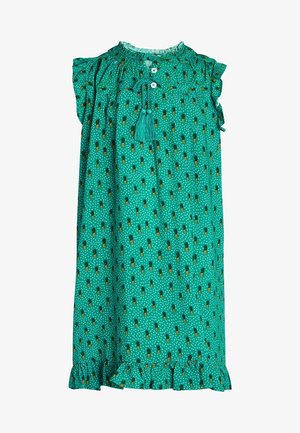 Grøn kjole med flæset halsudskæring, korte ærmer og en udvidet kant. Dekoreret med et ananasmønster og tekstureret kvastdetalje.