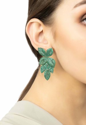 Green leaf-shaped earrings featuring multiple textured leaves, adorned with sparkling stones, creating a layered, dynamic appearance.