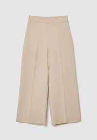 Pantalons larges beiges avec une taille haute, dotés de plis à l'avant et d'une texture douce et lisse. L'ourlet se situe juste au-dessus de la cheville.