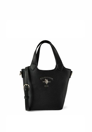 Bolso de la U.S. Polo Assn. en piel negra texturizada con doble asa, correa ajustable para el hombro y logo plateado en el frente.