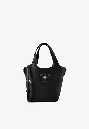 Bolso de la U.S. Polo Assn. en piel negra texturizada con doble asa, correa ajustable para el hombro y logo plateado en el frente.
