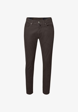 Donkerbruine slim-fit corduroy broek met een sluiting aan de voorkant met een knoop en rits, ceintuurlussen en vijf zakken.