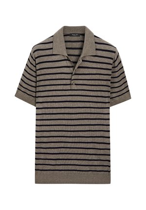 Polo t-shirt met korte mouwen in lichtbruin met donkere strepen, voorzien van een kraag en een drie knopen sluiting. Soepele brei-textuur.