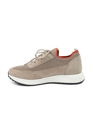 Beige suede sneaker with mesh panels, round toe, and lace-up design. Features orange accents on the collar and a white midsole with textured black outsole.