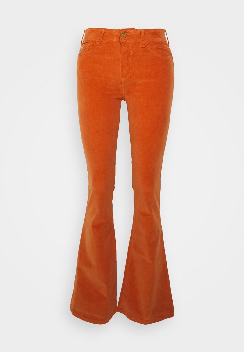 Pantalon en velours côtelé orange taille haute avec jambes évasées, bouton à l'avant et poches, présenté sur fond blanc uni.
