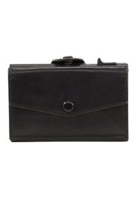 Portafoglio in pelle nera con un design rettangolare elegante, dotato di chiusura a bottone a pressione e dettagli di cucitura discreti lungo i bordi.
