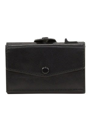 Portafoglio in pelle nera con un design rettangolare elegante, dotato di chiusura a bottone a pressione e dettagli di cucitura discreti lungo i bordi.