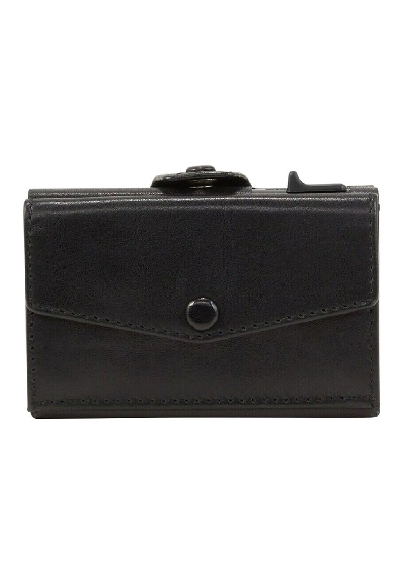 Portafoglio in pelle nera con un design rettangolare elegante, dotato di chiusura a bottone a pressione e dettagli di cucitura discreti lungo i bordi.