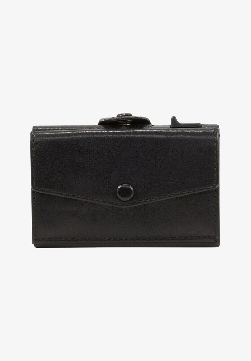 Portafoglio in pelle nera con un design rettangolare elegante, dotato di chiusura a bottone a pressione e dettagli di cucitura discreti lungo i bordi.