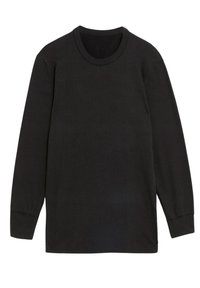Zwarte lange mouwen ribbeltop met een ronde halslijn en aansluitende manchetten, gemaakt van gestructureerde stof, met een rechte snit en zonder zichtbare grafische elementen.
