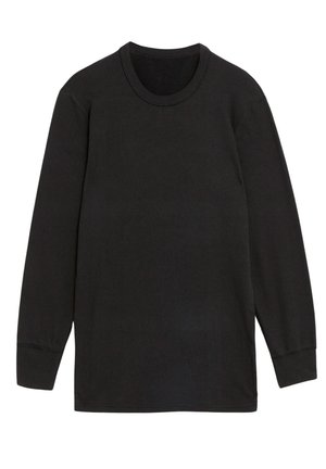 Haut noir à manches longues côtelées avec un col rond et des poignets ajustés, fabriqué en tissu texturé, avec une coupe droite et sans graphismes visibles.