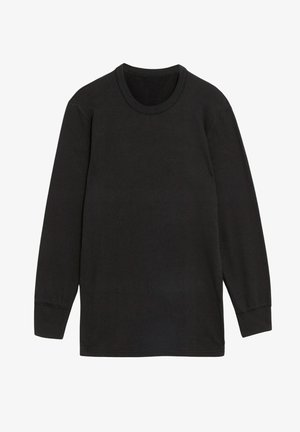 Zwarte lange mouwen ribbeltop met een ronde halslijn en aansluitende manchetten, gemaakt van gestructureerde stof, met een rechte snit en zonder zichtbare grafische elementen.