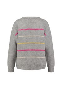 Grauer Strickpullover mit horizontalen Streifen in Pink, Gelb und Creme. Mit einem lockeren Schnitt und gerippten Bündchen sowie Saum.