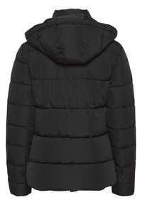 Veste matelassée noire avec coutures horizontales et capuche attachée vue de dos.