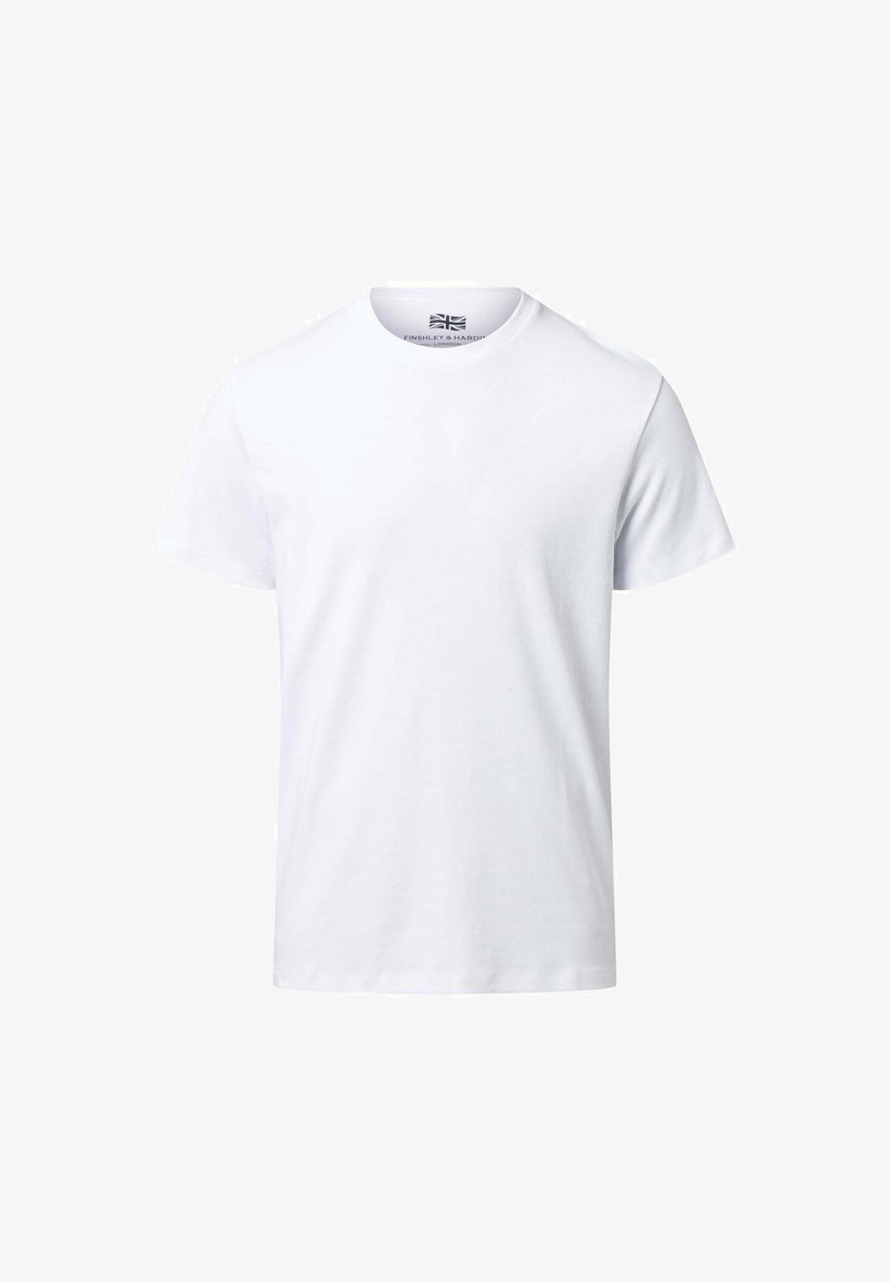 Weißes Baumwoll-T-Shirt mit kurzen Ärmeln, Rundhalsausschnitt und lockerem Schnitt. Keine sichtbaren Muster oder Akzente. Einfaches und minimalistisches Design.