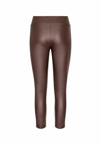 Pantalons ajustés en simili cuir marron vus de l'arrière, avec une taille haute et une longueur à la cheville.