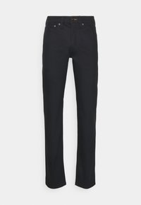 Svarta rakbenad jeans utställda mot en vit bakgrund, med en klassisk femficksdesign och en dragkedja med knappstängning.