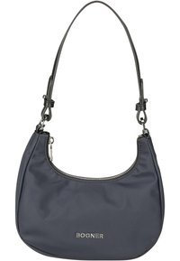 Borsa a spalla in nylon blu navy con forma curvata, apertura con zip e logo color argento. Texture liscia e tracolla in pelle regolabile.