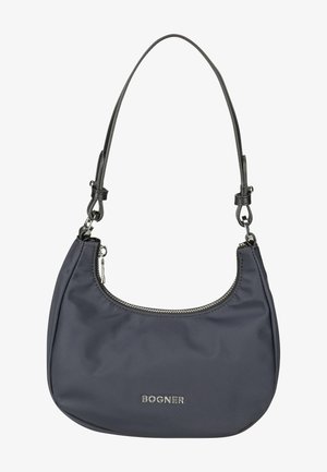 Borsa a spalla in nylon blu navy con forma curvata, apertura con zip e logo color argento. Texture liscia e tracolla in pelle regolabile.