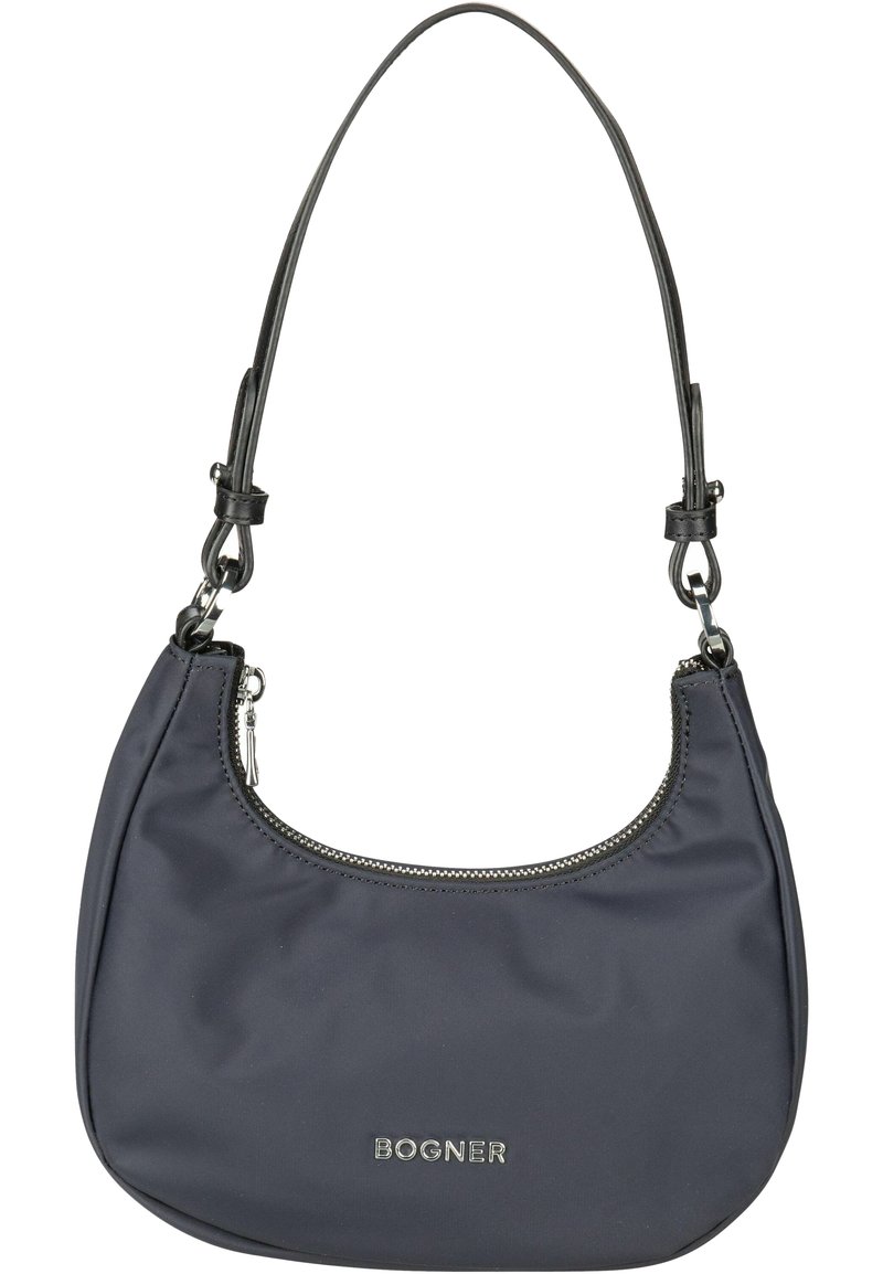Borsa a spalla in nylon blu navy con forma curvata, apertura con zip e logo color argento. Texture liscia e tracolla in pelle regolabile.