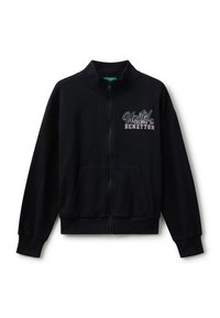 Giacca con zip nera in misto cotone. Presenta un colletto alto, due tasche anteriori e il testo "United Colors of BENETTON" ricamato sul petto.