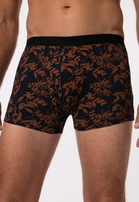Pánské boxerky v námořnické barvě s hnědým listovým vzorem, s černým elastickým páskem se značkou, úzký střih.