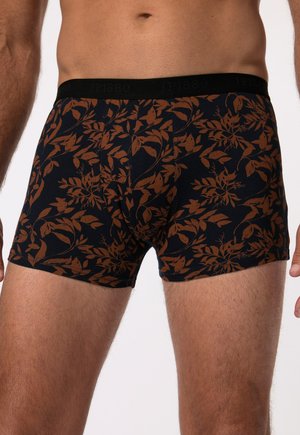 Heren boxer shorts in navy stof met een bruin loofpatroon, voorzien van een zwarte elastische tailleband met merknaam, slim fit.