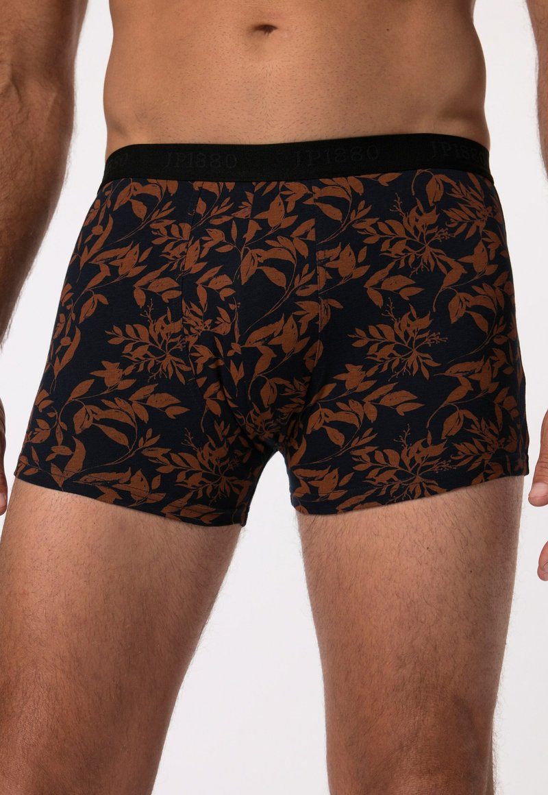 Pánské boxerky v námořnické barvě s hnědým listovým vzorem, s černým elastickým páskem se zna čkou, úzký střih.